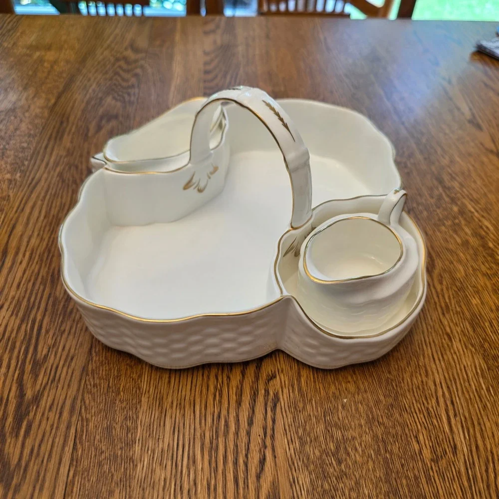 Coalport Bone China Fruit Berry Basket Serving Tray Cream Sugar 22K Gold England